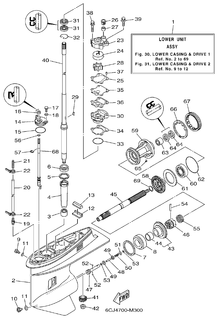 Yamaha F70AET LOWER CASING & DRIVE 1 parts diagram